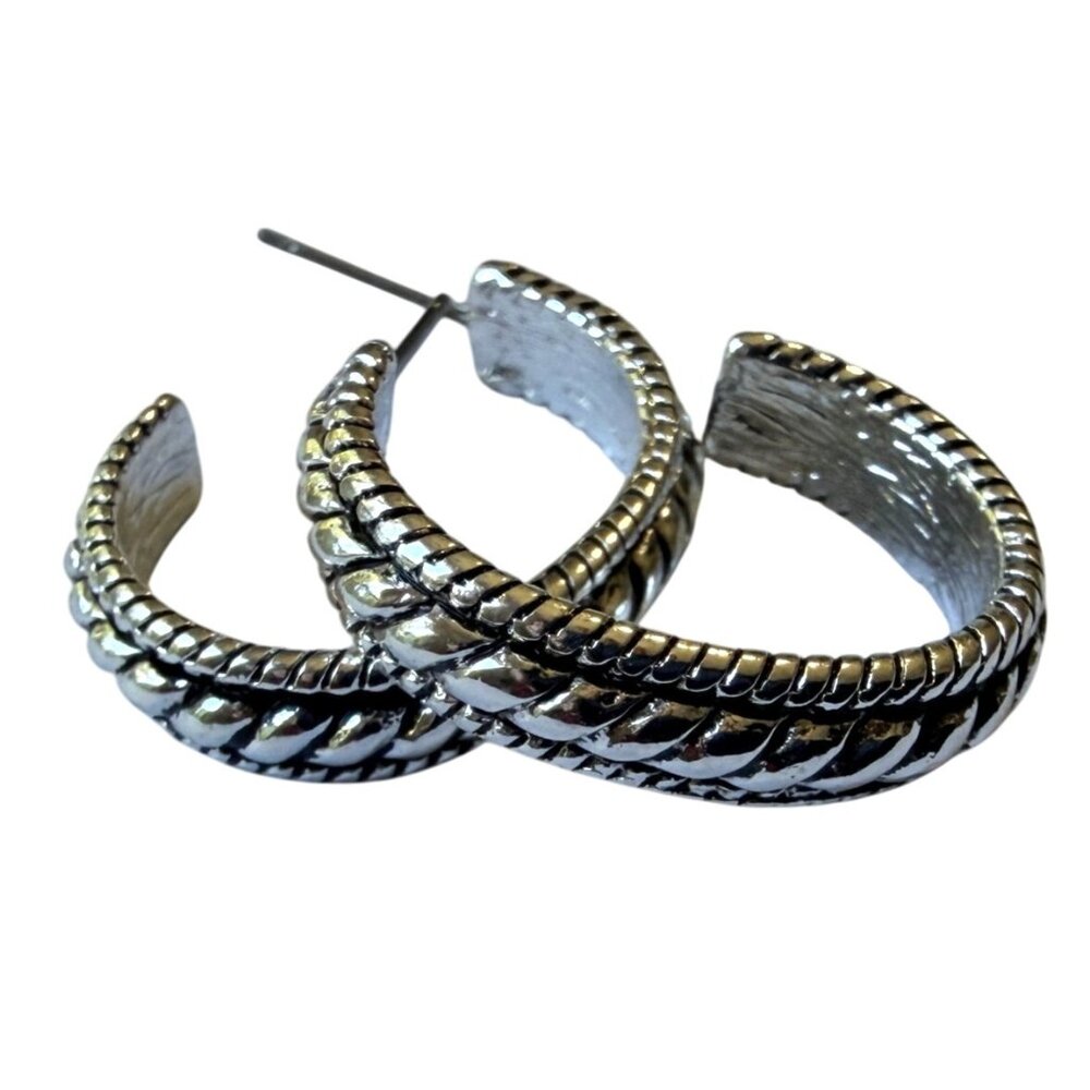 Y2K Silver‎ Tone Textured Rope Edge Hoop Earring 1" Nickel Free Hypoallergenic